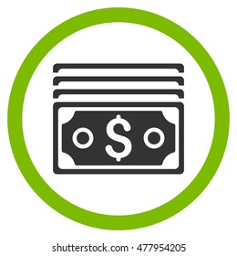 Dollar Banknotes vector bicolor rounded icon. Image style is a flat icon symbol inside a circle, eco green and gray colors, white background.