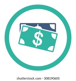 Dollar Banknotes vector icon. This flat rounded symbol uses cobalt and cyan colors and isolated on a white background.
