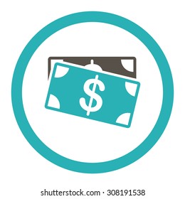 Dollar Banknotes vector icon. This flat rounded symbol uses grey and cyan colors and isolated on a white background.