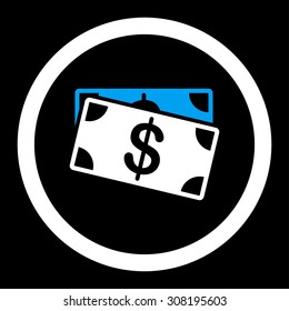 Dollar Banknotes vector icon. This flat rounded symbol uses blue and white colors and isolated on a black background.