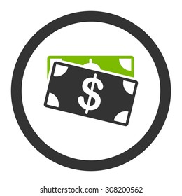 Dollar Banknotes vector icon. This flat rounded symbol uses eco green and gray colors and isolated on a white background.