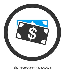 Dollar Banknotes vector icon. This flat rounded symbol uses blue and gray colors and isolated on a white background.