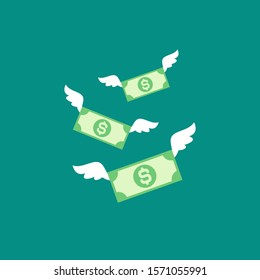 dollar banknotes with white wings. Flat  blue background. Flying money. Economy, finance, money pictogram. Wealth symbol.  Vector illustration. Free, easy.  Spend, expenses  