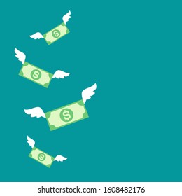 dollar banknotes with white wings. Flat  blue background. Flying money. Economy, finance, money pictogram. Wealth symbol.  Vector illustration. Free, easy.  Spend, expenses  