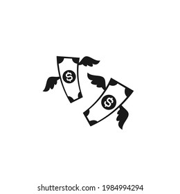 billetes en dólares con alas aisladas en fondo blanco. Dinero volador. Economía, finanzas, pictograma de dinero. Símbolo de riqueza.  Ilustración vectorial. Libre, fácil.  Gasto, gastos  