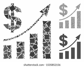 Dollar bar chart trend mosaic of unequal items in variable sizes and color tinges, based on dollar bar chart trend icon. Vector ragged items are grouped into collage.
