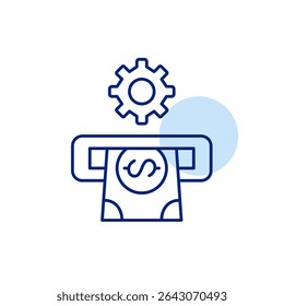 Dollar bill in ATM and cogwheel. Rransaction settings, atm configuration, payment processing, cash withdrawal system, financial operations control. Pixel perfect, editable stroke vector icon