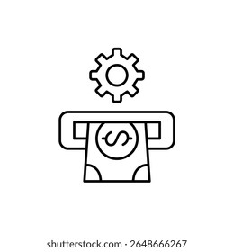 Dollar bill in ATM and cogwheel. Rransaction settings, atm configuration, payment processing, cash withdrawal system, financial operations control. Pixel perfect, editable stroke vector icon