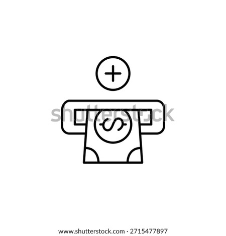 Dollar bill in ATM slot and plus. Cash access, data update. Pixel perfect, editable stroke vector icon