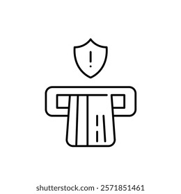 Dollar bill in ATM slot, security shield and exclamation mark. Warning for cash out transactions, importance of fraud prevention. Pixel perfect vector icon