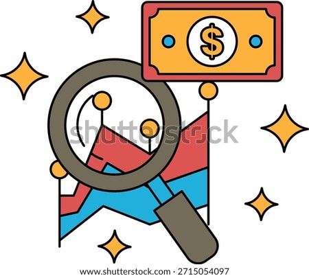 A dollar bill is being closely examined by a magnifying glass. The dollar bill is positioned on the right side of the magnifying glass, with the magnifying glass itself being larger than the bill