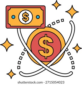 Una moneda sostiene un billete de un dólar. El billete de dólar está a la izquierda y la moneda a la derecha