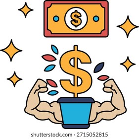 Uma nota de um dólar está sendo levantada pelos braços de um homem. A nota de um dólar é cercada por uma planta, que está crescendo a partir de um pote. Conceito de crescimento e prosperidade, uma vez que a nota de dólar representa riqueza