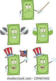 Dollar Bill Cartoon Mascot Characters 2. Vector Collection Set