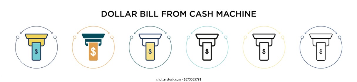 Dollar bill from cash machine icon in filled, thin line, outline and stroke style. Vector illustration of two colored and black dollar bill from cash machine vector icons designs can be used for 