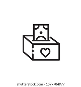 Dollar bill in charity box thin line icon. Banknote in box with heart isolated outline sign. Donation concept. Vector illustration symbol element for web design and apps.