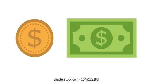 Dollar bill and coin vector icon illustration, flat style vector. Cash concept.