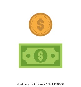 Dollar bill and coin vector icon illustration, flat style vector. Cash concept.