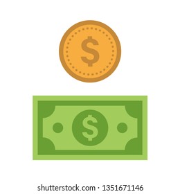 Dollar bill and coin vector icon illustration, flat style vector. Cash concept.