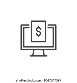 Dollar bill and computer monitor outline icon. linear style sign for mobile concept and web design. Online payment simple line vector icon. Symbol, logo illustration. 