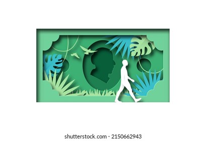 Dollar bill currency with green nature growing inside and man character in realistic 3D papercut style. Paper cut money sign illustration for investment income or financial growth concept.