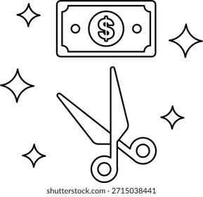 Un billete de un dólar se corta a la mitad con un par de tijeras. Las tijeras se colocan por encima del billete de un dólar y la Imagen está llena de estrellas. Concepto de cortar o dividir algo, posiblemente dinero