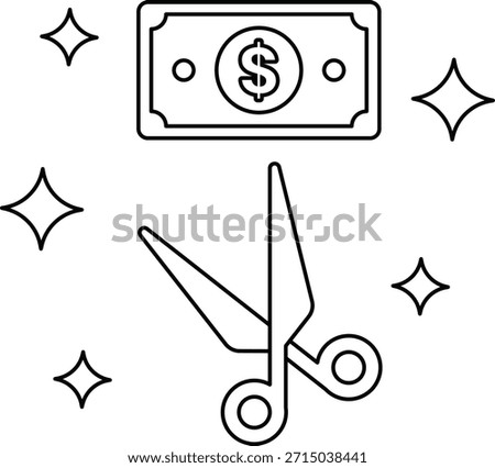 A dollar bill is cut in half by a pair of scissors. The scissors are positioned above the dollar bill, and the image is filled with stars. Concept of cutting or dividing something, possibly money