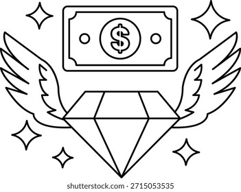 Un billete de un dólar con un diamante encima. El diamante está rodeado por un montón de estrellas