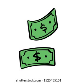 Dollar bill doodle. Cash money symbol. Hand drawn illustration.