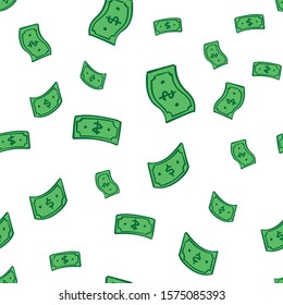 Dollar bill doodles falling from sky. Cartoon dollars rain. Seamless pattern.