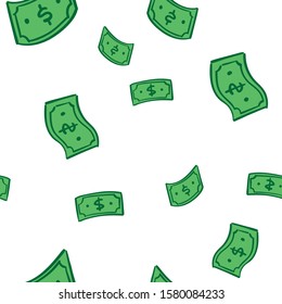 Dollar bill doodles falling from sky. Cartoon dollars rain. Seamless pattern.