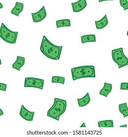 Dollar bill doodles falling from sky. Cartoon dollars rain. Seamless pattern.