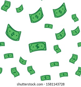 Dollar bill doodles falling from sky. Cartoon dollars rain. Seamless pattern.