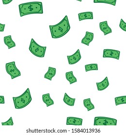Dollar bill doodles falling from sky. Cartoon dollars rain. Seamless pattern.