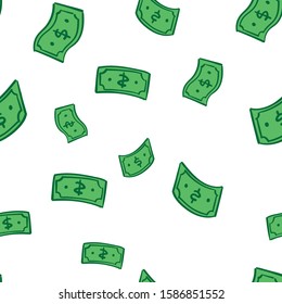 Dollar bill doodles falling from sky. Cartoon dollars rain. Seamless pattern.