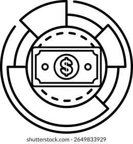 Uma nota de um dólar é desenhada em um círculo com um cifrão nela. A nota de um dólar é cercada por um círculo com uma linha através dela, dando a impressão de uma nota de um dólar sendo cortada pela metade