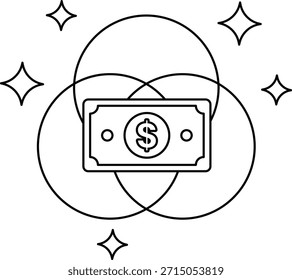 Un billete de un dólar se dibuja en un círculo con un signo de dólar en él. El billete de dólar está rodeado por tres círculos, cada uno con una cantidad diferente de dinero