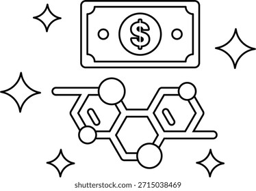 Se dibuja un billete de un dólar junto a una molécula. El billete de dólar está rodeado por un patrón de estrella