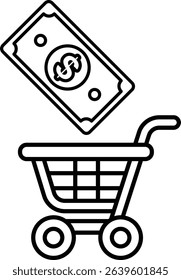 A dollar bill is falling out of a shopping cart. Concept of shopping and spending money
