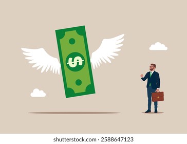 Dollar bill flying with white wings like a bird. Concept of investment, wealth, spending, inflation and loss of savings. Flat vector illustration