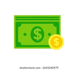 Dollar Bill and gold coins icon. Dollar banknote or money cash bills of paper currency vector design and illustration.