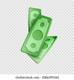 Dollar bill. Green 3d render american money. Dollar banknote in cartoon style. Vector illustration isolated on transparent background