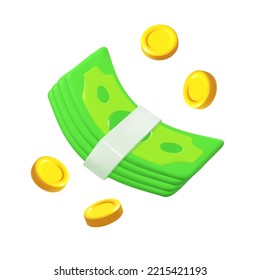 Cuenta del dólar. El 3d verde representa el dinero estadounidense. Billete en dólares al estilo de las caricaturas. Ilustración de vectores aislada
