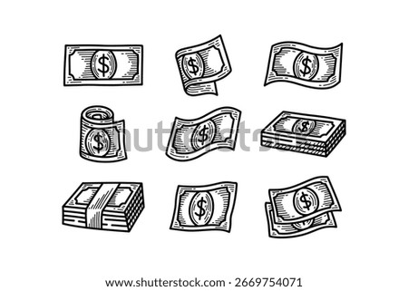 Dollar bill hand drawn illustration set. Money cash engraving line art collection. Currency, Dollar, Cash, Finance, Economy, Business, Banking. Vector Illustration