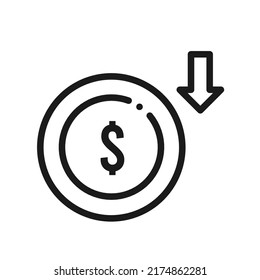 dollar bill icon with an arrow pointing down which means a decrease in the value of the dollar bill