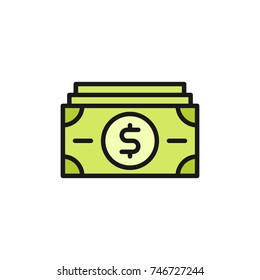 Dollar bill icon. Bundle of money icon. Color line icon. Isolated icon. Vector illustration.