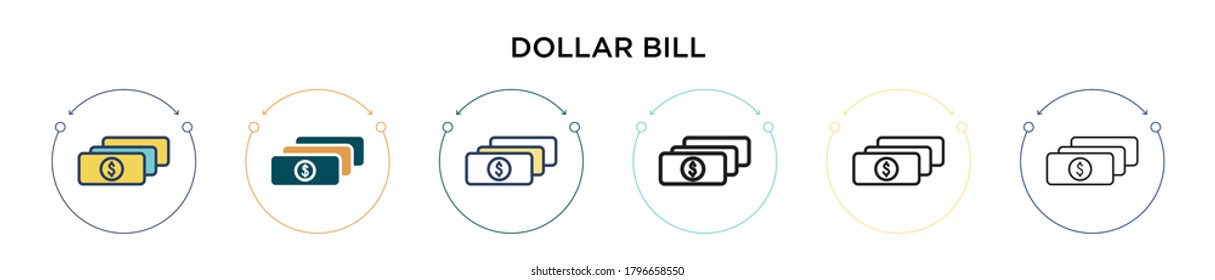 Icono de la factura de dólar en estilo relleno, delgado, contorno y trazo. Ilustración vectorial de dos diseños de iconos vectoriales en dólares negros y de colores para móviles, ui, web