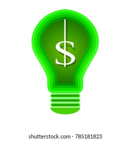 Dollar bill icon in the green light bulb. 