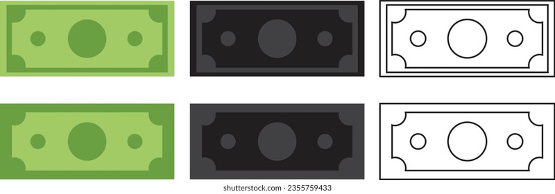 Dollar bill icons. Dollar banknotes. Money symbol, cash sign. Banknote  dollar bills in different variation black and gray, outline flat icon cartoon isometric style isolated on white background