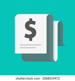 Dollar bill invoice paper document vector icon or paid tax information with usd currency flat cartoon illustration, concept of accountant payroll file, financial report or receipt, quote terms idea